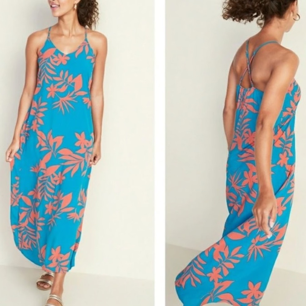 Old Navy Blue and Orange Floral Maxi Dress